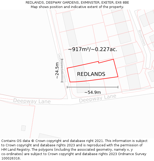 REDLANDS, DEEPWAY GARDENS, EXMINSTER, EXETER, EX6 8BE: Plot and title map