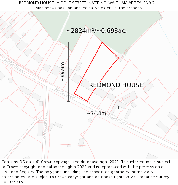 REDMOND HOUSE, MIDDLE STREET, NAZEING, WALTHAM ABBEY, EN9 2LH: Plot and title map