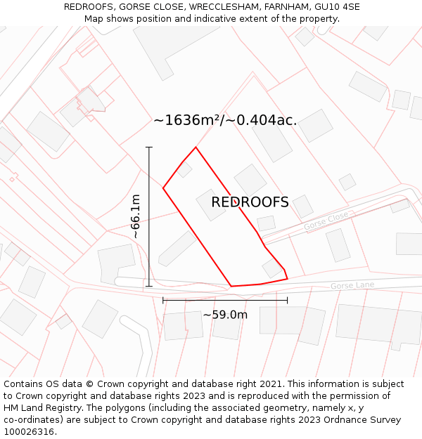 REDROOFS, GORSE CLOSE, WRECCLESHAM, FARNHAM, GU10 4SE: Plot and title map