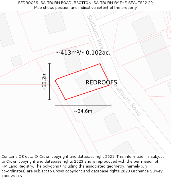 REDROOFS, SALTBURN ROAD, BROTTON, SALTBURN-BY-THE-SEA, TS12 2PJ: Plot and title map