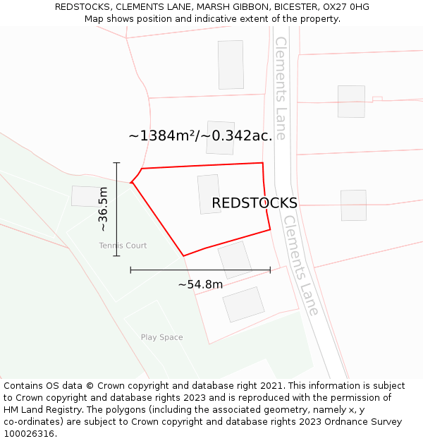 REDSTOCKS, CLEMENTS LANE, MARSH GIBBON, BICESTER, OX27 0HG: Plot and title map