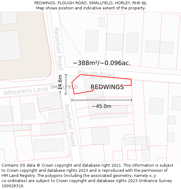 REDWINGS, PLOUGH ROAD, SMALLFIELD, HORLEY, RH6 9JL: Plot and title map