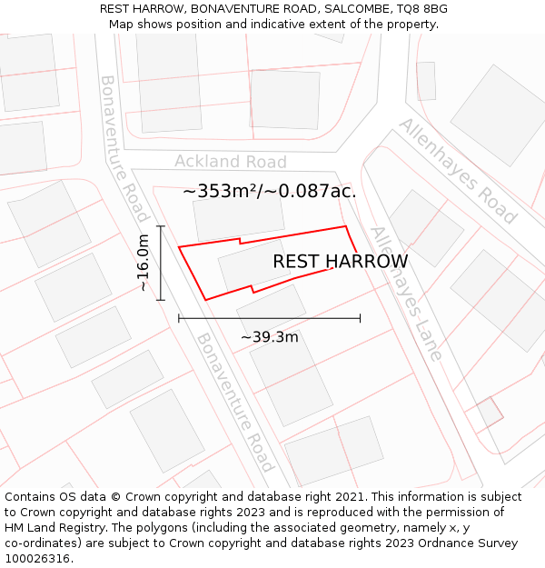 REST HARROW, BONAVENTURE ROAD, SALCOMBE, TQ8 8BG: Plot and title map