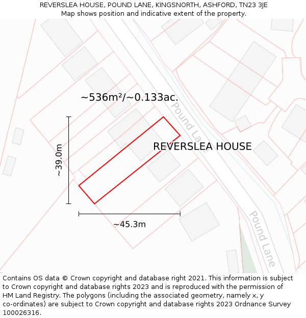 REVERSLEA HOUSE, POUND LANE, KINGSNORTH, ASHFORD, TN23 3JE: Plot and title map