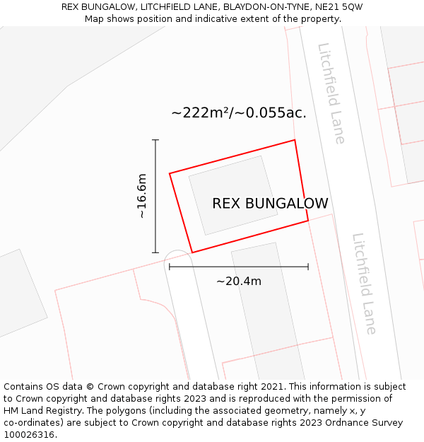 REX BUNGALOW, LITCHFIELD LANE, BLAYDON-ON-TYNE, NE21 5QW: Plot and title map