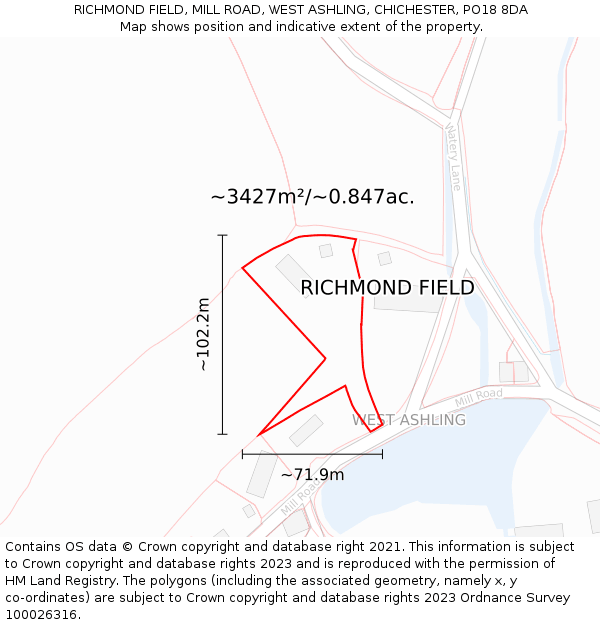 RICHMOND FIELD, MILL ROAD, WEST ASHLING, CHICHESTER, PO18 8DA: Plot and title map