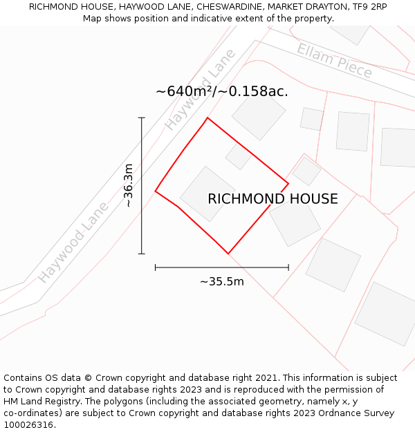 RICHMOND HOUSE, HAYWOOD LANE, CHESWARDINE, MARKET DRAYTON, TF9 2RP: Plot and title map