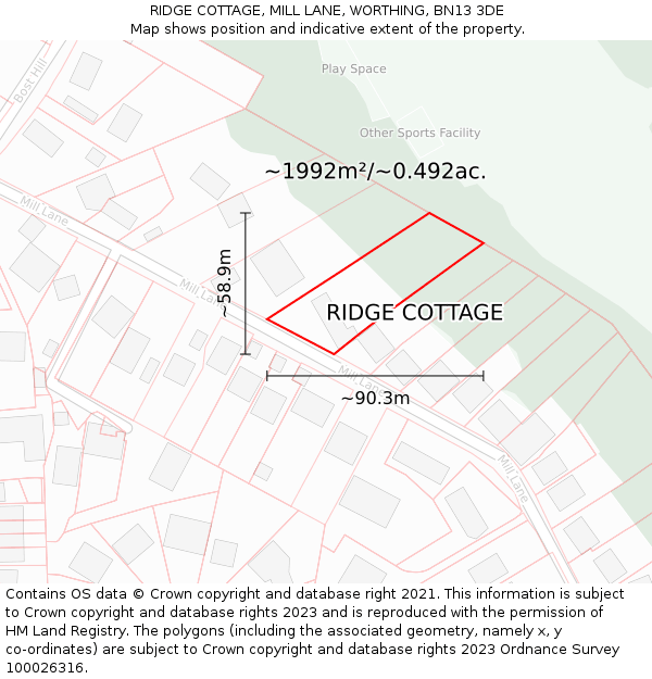 RIDGE COTTAGE, MILL LANE, WORTHING, BN13 3DE: Plot and title map