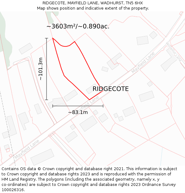 RIDGECOTE, MAYFIELD LANE, WADHURST, TN5 6HX: Plot and title map