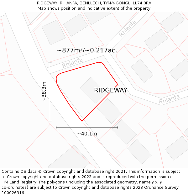 RIDGEWAY, RHIANFA, BENLLECH, TYN-Y-GONGL, LL74 8RA: Plot and title map