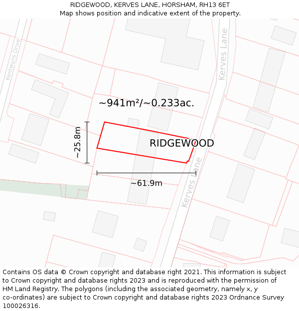 RIDGEWOOD, KERVES LANE, HORSHAM, RH13 6ET: Plot and title map