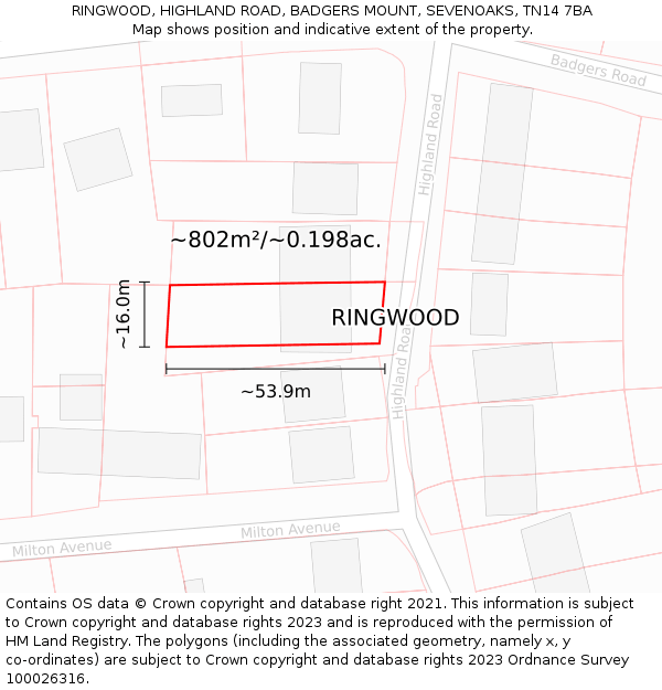 RINGWOOD, HIGHLAND ROAD, BADGERS MOUNT, SEVENOAKS, TN14 7BA: Plot and title map