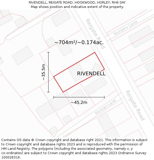 RIVENDELL, REIGATE ROAD, HOOKWOOD, HORLEY, RH6 0AY: Plot and title map