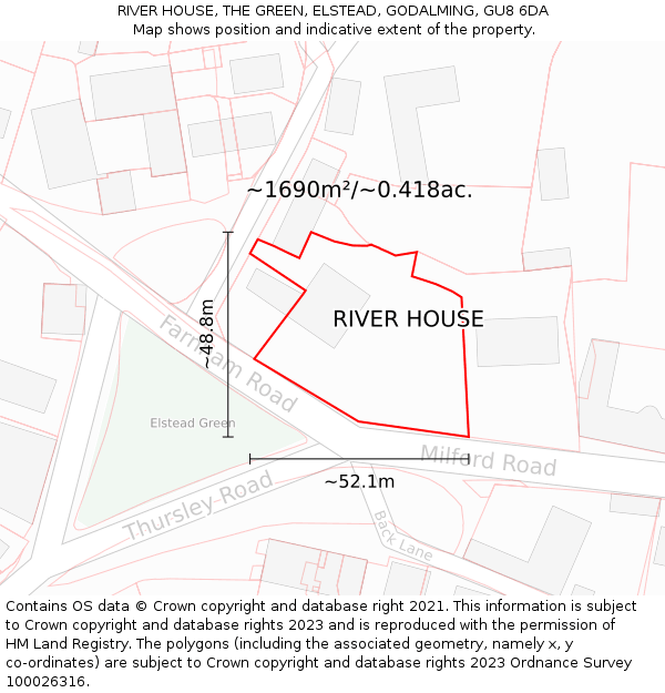 RIVER HOUSE, THE GREEN, ELSTEAD, GODALMING, GU8 6DA: Plot and title map