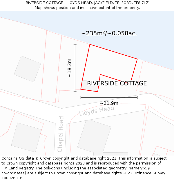 RIVERSIDE COTTAGE, LLOYDS HEAD, JACKFIELD, TELFORD, TF8 7LZ: Plot and title map