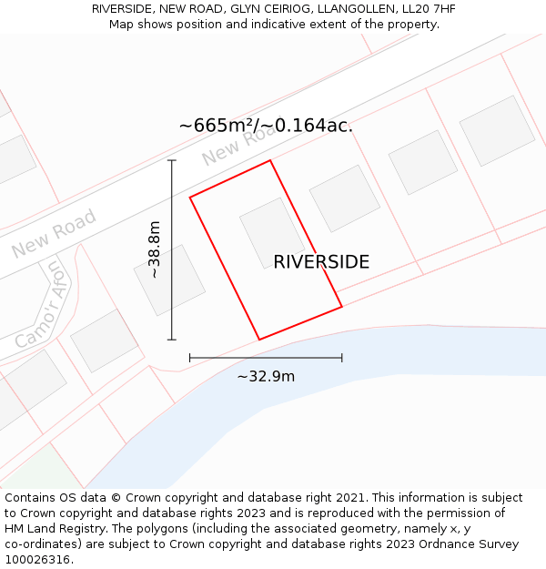 RIVERSIDE, NEW ROAD, GLYN CEIRIOG, LLANGOLLEN, LL20 7HF: Plot and title map