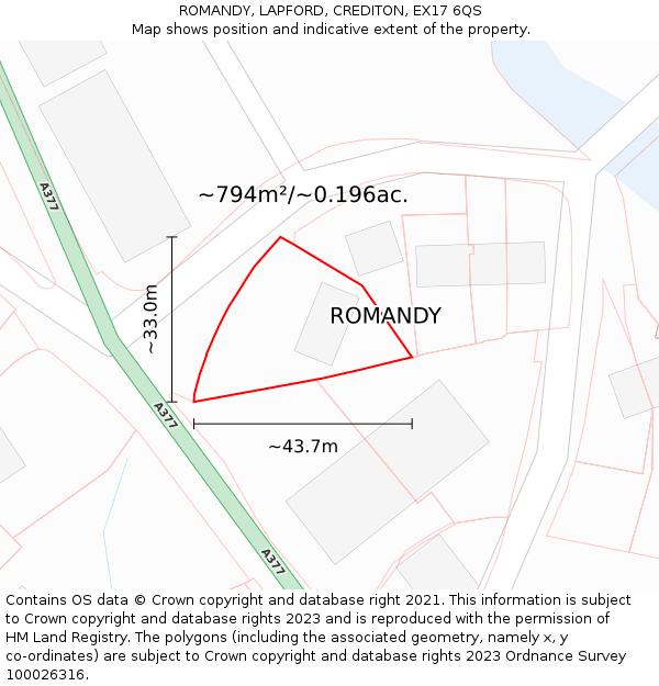 ROMANDY, LAPFORD, CREDITON, EX17 6QS: Plot and title map