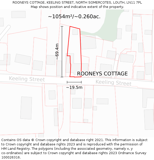 ROONEYS COTTAGE, KEELING STREET, NORTH SOMERCOTES, LOUTH, LN11 7PL: Plot and title map