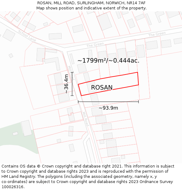 ROSAN, MILL ROAD, SURLINGHAM, NORWICH, NR14 7AF: Plot and title map