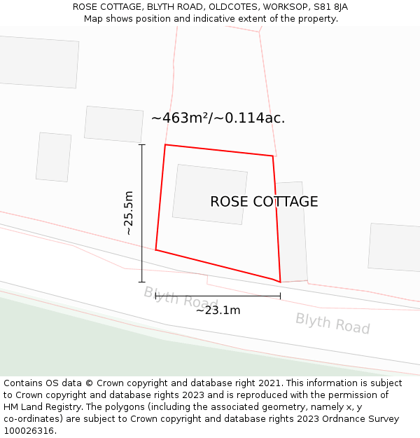 ROSE COTTAGE, BLYTH ROAD, OLDCOTES, WORKSOP, S81 8JA: Plot and title map