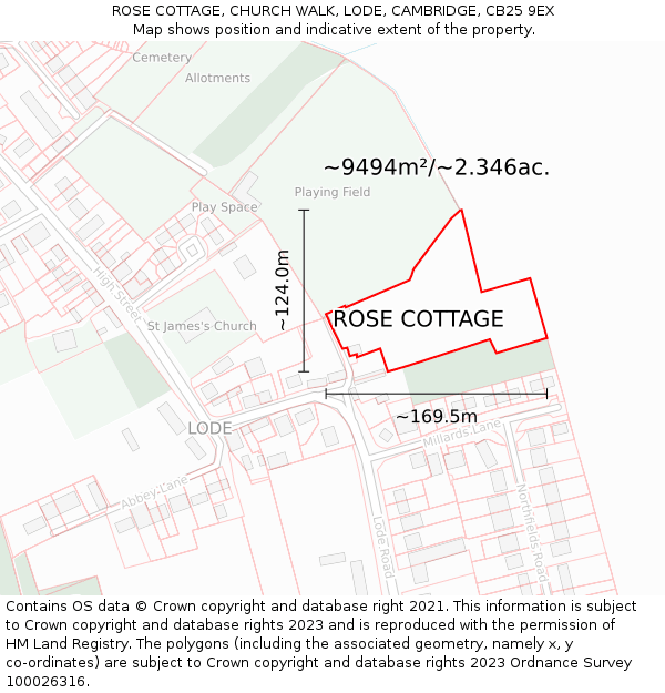 ROSE COTTAGE, CHURCH WALK, LODE, CAMBRIDGE, CB25 9EX: Plot and title map