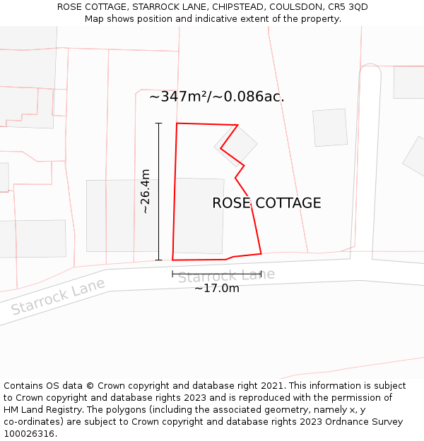 ROSE COTTAGE, STARROCK LANE, CHIPSTEAD, COULSDON, CR5 3QD: Plot and title map