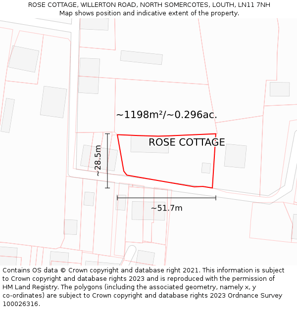 ROSE COTTAGE, WILLERTON ROAD, NORTH SOMERCOTES, LOUTH, LN11 7NH: Plot and title map