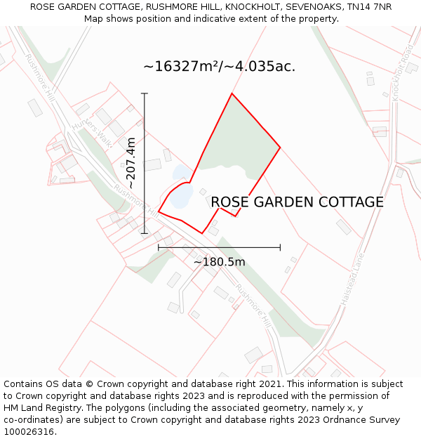 ROSE GARDEN COTTAGE, RUSHMORE HILL, KNOCKHOLT, SEVENOAKS, TN14 7NR: Plot and title map