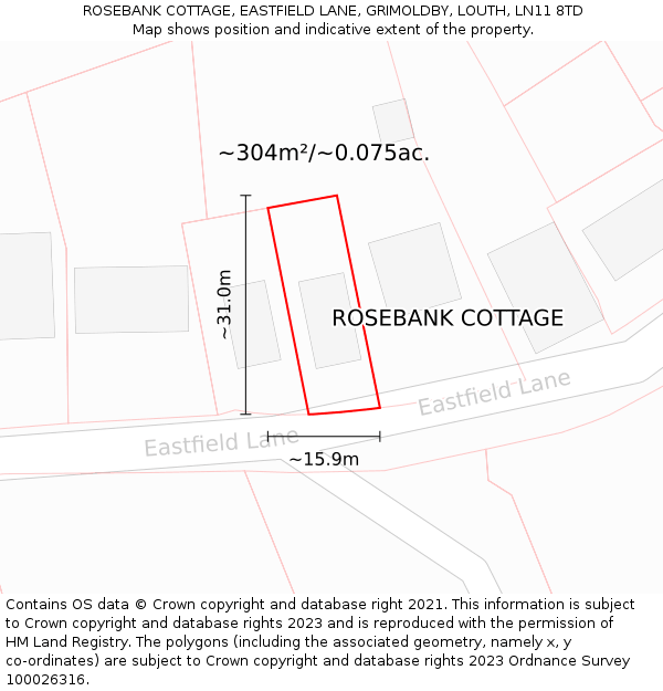 ROSEBANK COTTAGE, EASTFIELD LANE, GRIMOLDBY, LOUTH, LN11 8TD: Plot and title map