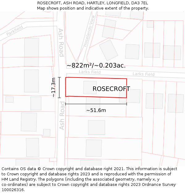 ROSECROFT, ASH ROAD, HARTLEY, LONGFIELD, DA3 7EL: Plot and title map