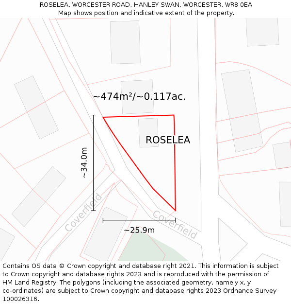 ROSELEA, WORCESTER ROAD, HANLEY SWAN, WORCESTER, WR8 0EA: Plot and title map