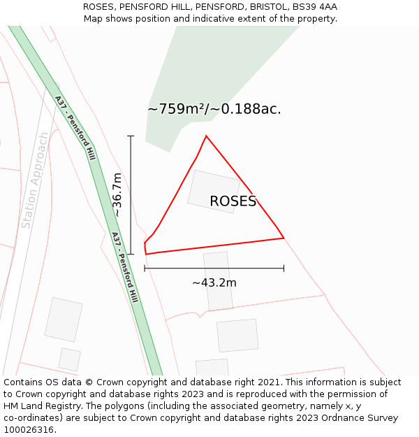 ROSES, PENSFORD HILL, PENSFORD, BRISTOL, BS39 4AA: Plot and title map