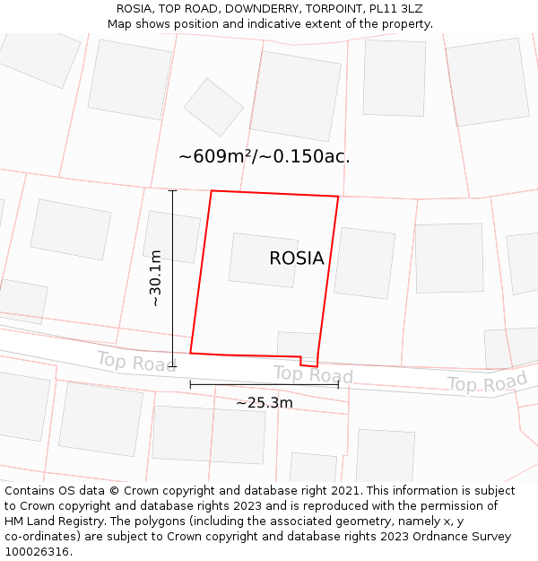 ROSIA, TOP ROAD, DOWNDERRY, TORPOINT, PL11 3LZ: Plot and title map