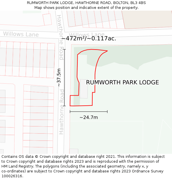 RUMWORTH PARK LODGE, HAWTHORNE ROAD, BOLTON, BL3 4BS: Plot and title map