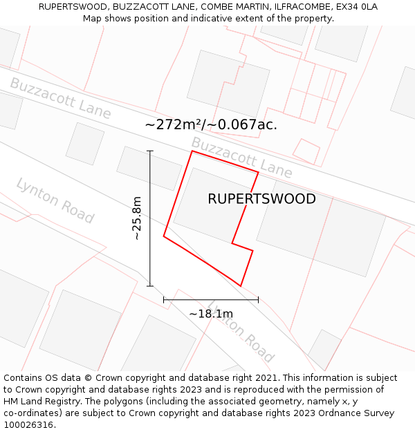 RUPERTSWOOD, BUZZACOTT LANE, COMBE MARTIN, ILFRACOMBE, EX34 0LA: Plot and title map