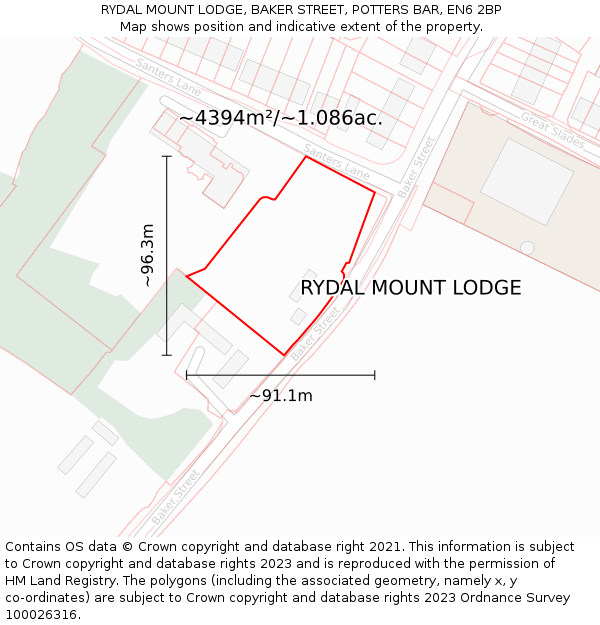 RYDAL MOUNT LODGE, BAKER STREET, POTTERS BAR, EN6 2BP: Plot and title map