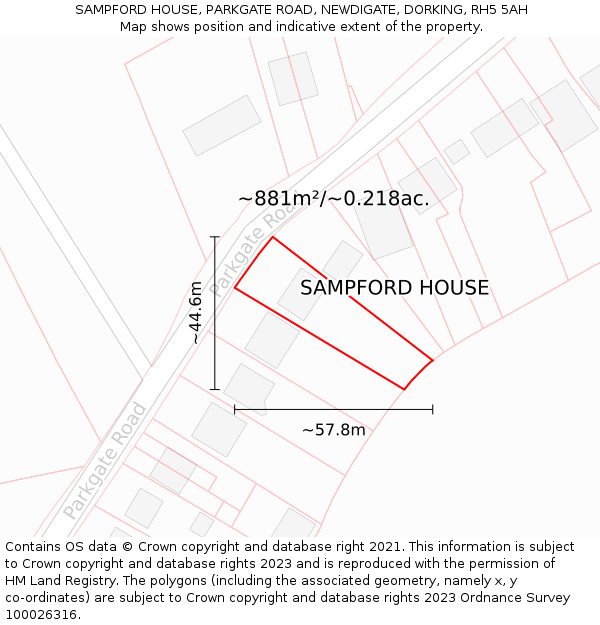 SAMPFORD HOUSE, PARKGATE ROAD, NEWDIGATE, DORKING, RH5 5AH: Plot and title map