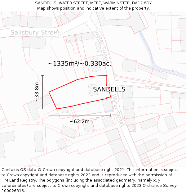 SANDELLS, WATER STREET, MERE, WARMINSTER, BA12 6DY: Plot and title map