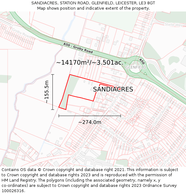 SANDIACRES, STATION ROAD, GLENFIELD, LEICESTER, LE3 8GT: Plot and title map