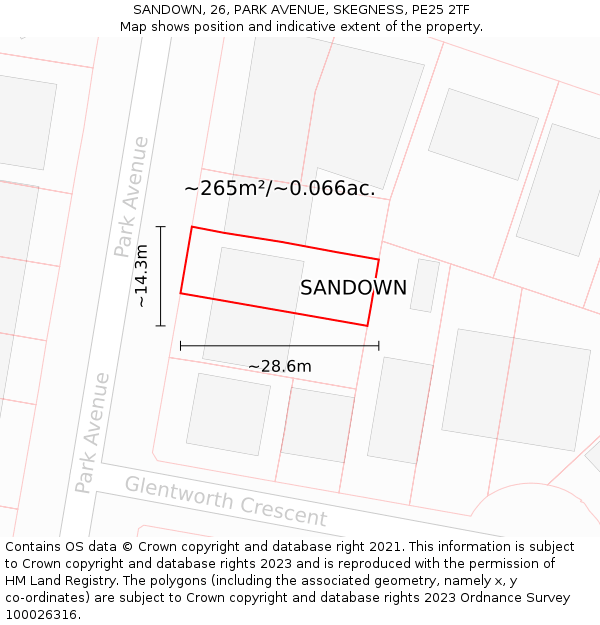 SANDOWN, 26, PARK AVENUE, SKEGNESS, PE25 2TF: Plot and title map