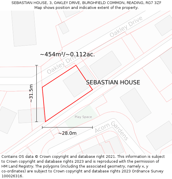 SEBASTIAN HOUSE, 3, OAKLEY DRIVE, BURGHFIELD COMMON, READING, RG7 3ZF: Plot and title map