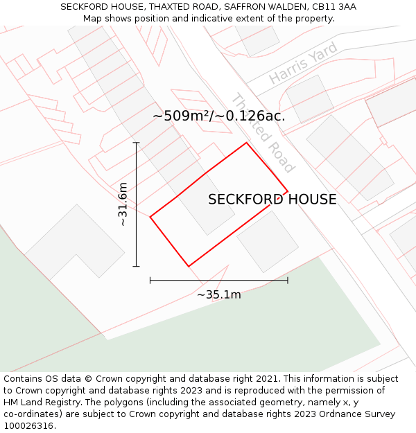 SECKFORD HOUSE, THAXTED ROAD, SAFFRON WALDEN, CB11 3AA: Plot and title map