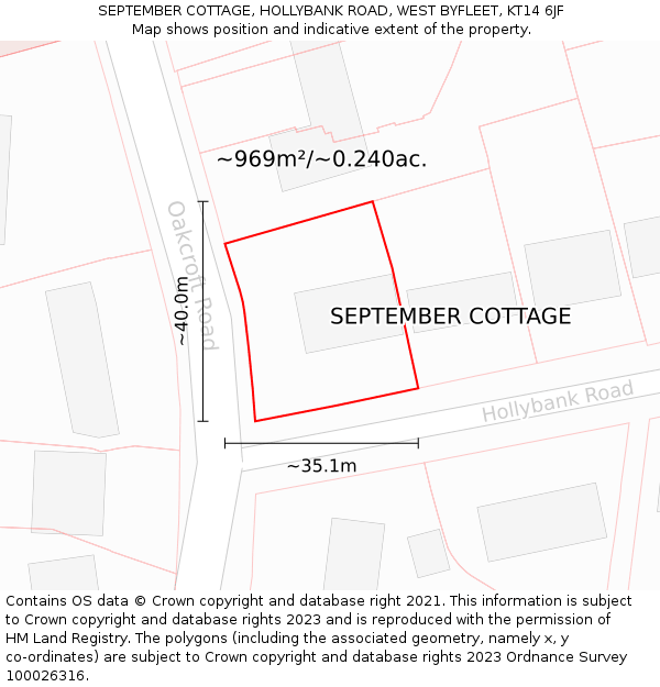 SEPTEMBER COTTAGE, HOLLYBANK ROAD, WEST BYFLEET, KT14 6JF: Plot and title map