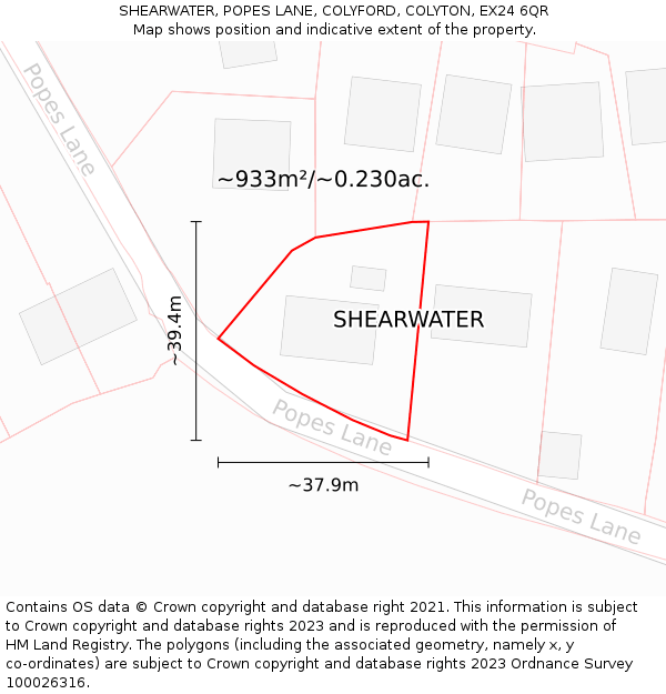 SHEARWATER, POPES LANE, COLYFORD, COLYTON, EX24 6QR: Plot and title map