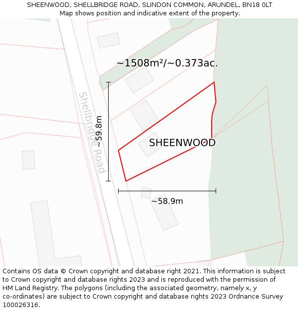 SHEENWOOD, SHELLBRIDGE ROAD, SLINDON COMMON, ARUNDEL, BN18 0LT: Plot and title map