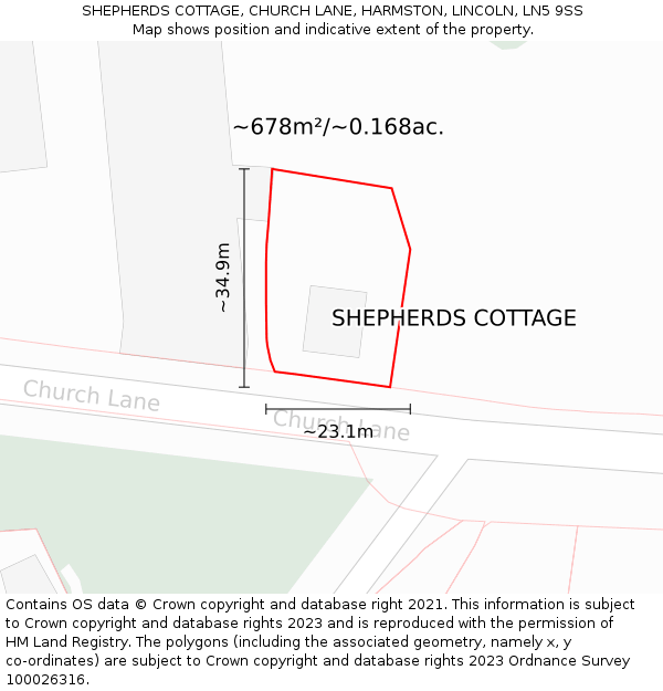 SHEPHERDS COTTAGE, CHURCH LANE, HARMSTON, LINCOLN, LN5 9SS: Plot and title map