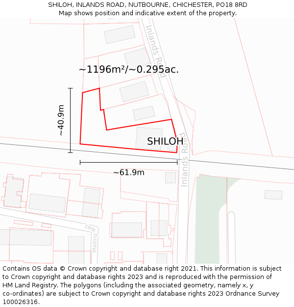 SHILOH, INLANDS ROAD, NUTBOURNE, CHICHESTER, PO18 8RD: Plot and title map