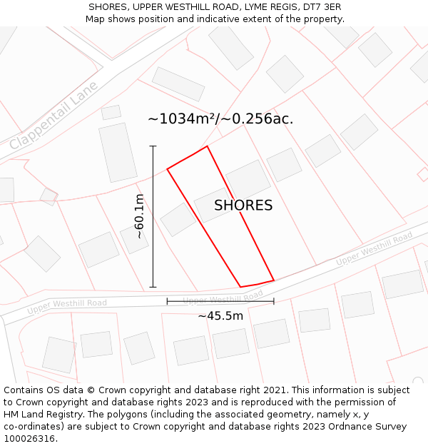 SHORES, UPPER WESTHILL ROAD, LYME REGIS, DT7 3ER: Plot and title map