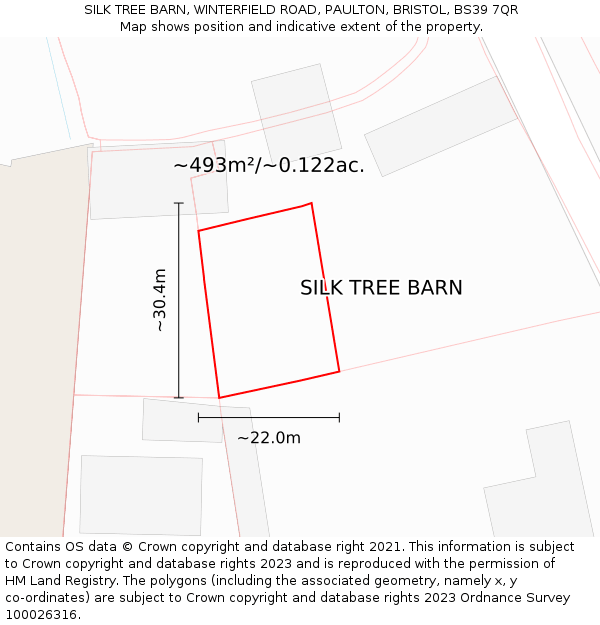 SILK TREE BARN, WINTERFIELD ROAD, PAULTON, BRISTOL, BS39 7QR: Plot and title map