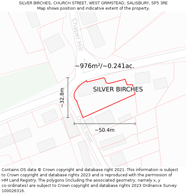 SILVER BIRCHES, CHURCH STREET, WEST GRIMSTEAD, SALISBURY, SP5 3RE: Plot and title map